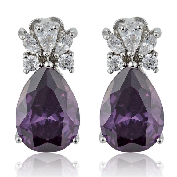 Amethyst CZ Pear Shape 18K WGP Earrings - Picture 2 of 4